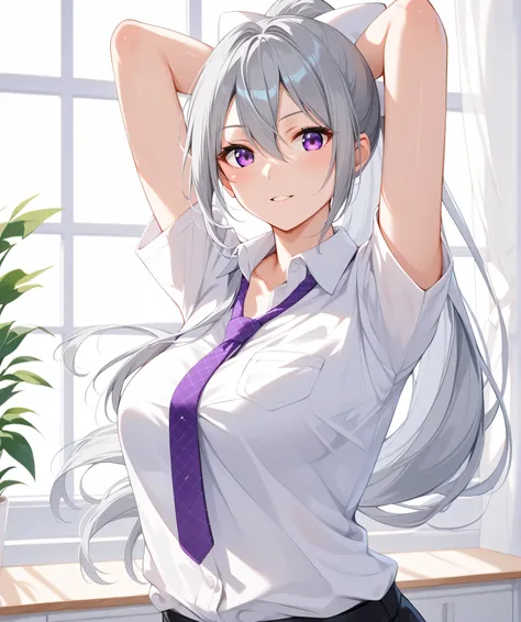 1woman,best quality,ultra-detailed,high resolution,extremely detailed CG,unity 8k wallpaper,score_9, score_8_up, score_7_up, source_anime,hk1, purple eyes, grey hair, hair between eyes, long hair, ponytail, bow, white bow、 shirt, white shirt, necktie, purp...