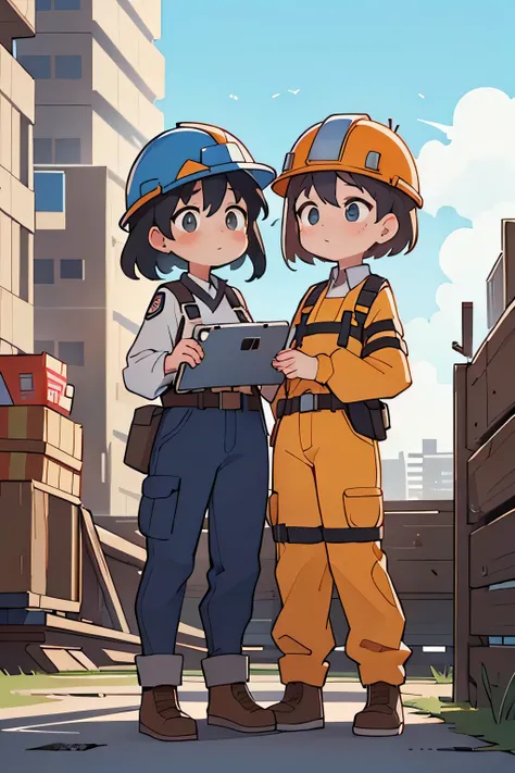 (Best Quality, oconnor ), Two girls working at a construction site , long sleeve cuckold, cargo pants , safety helmet, Work Belt, Height Safety Harness, Check construction progress on tablet. ,a girl in a suit wearing a safety helmet. ,...