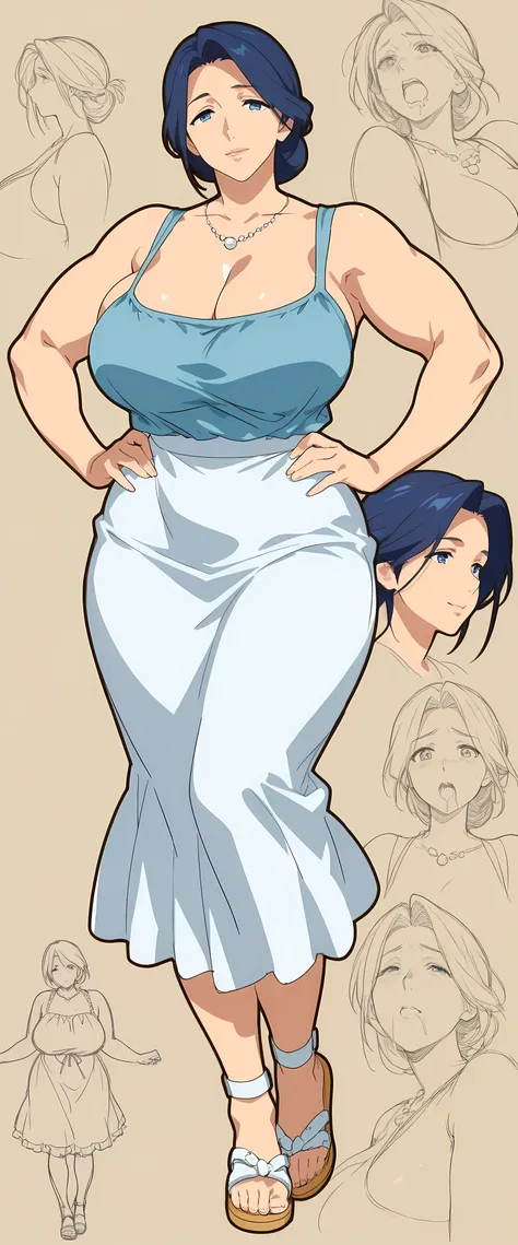 SFW:1.2, 32 yo, (Sugar mature mommy), (anime girl with blue hair hair), blue eyes, v-nect tees, sleeveless, summer long skirt, diamond tear-shape necklace, pearl-like hairpieces, summer long-skirt, beach sandals, anime moe artstyle, well-toned waifu, thick...