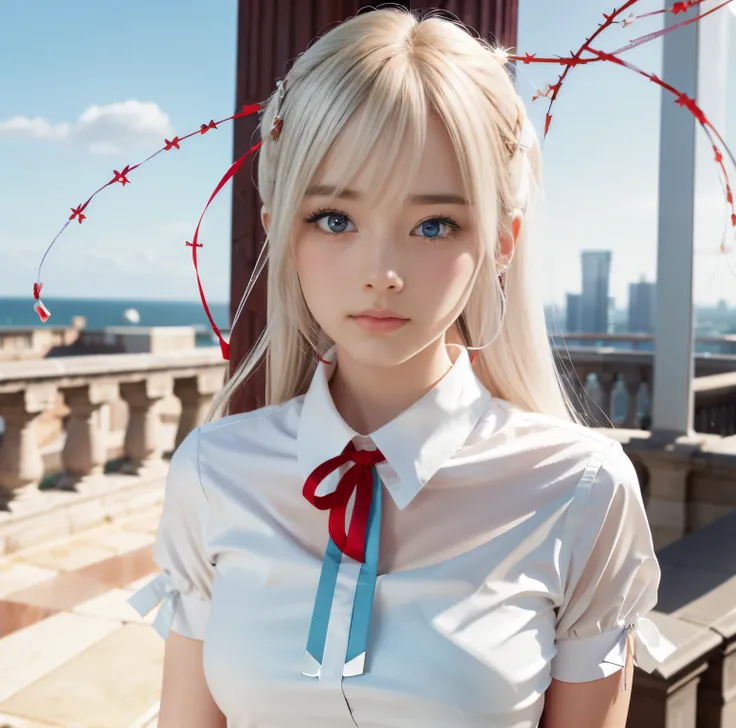 8K quality, pictures, Two beautiful men and beautiful women, Beautiful like a goddess, people are hazy at the Great Library, above chest shot at the ruins, (White blouse with red thin string ribbon tie:1.2), (Fine silver glasses), (Sparkling, beautiful lig...