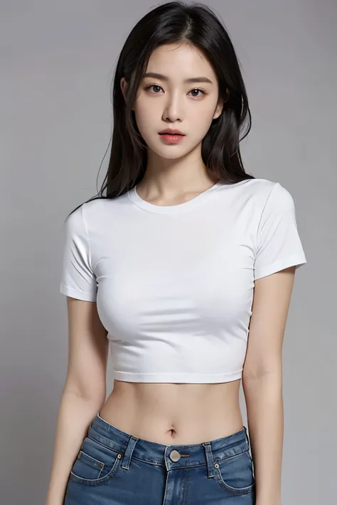 (realistic:1.2), solo, Asian woman, white t-shirt, tight shirt, crop top, midriff, navel, jeans, gray background