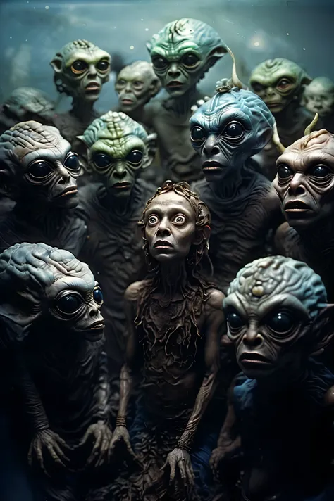 Bizarre hyperrealistic sculpture of a woman and a man changed into bizarre beings. Use a completely black background for contrast. Life forms form life and from form can come morf spelled morph. Stop motion still life characters, can't move or morph, abstr...