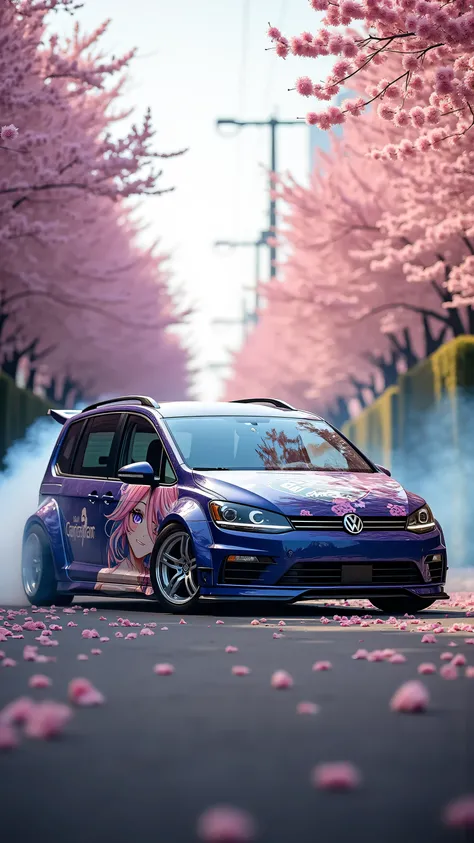 Volkswagen Touran L modification，wide body and negative wheel base wheels, painting an anime woman，Furina_Genshin。Drive sideways on Cherry Boulevard
