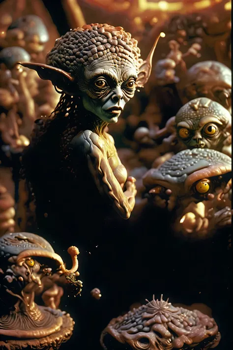 Bizarre hyperrealistic sculpture of a woman and a man changed into bizarre beings. Use a completely black background for contrast. Life forms form life and from form can come morf spelled morph. Stop motion still life characters, can't move or morph, abstr...