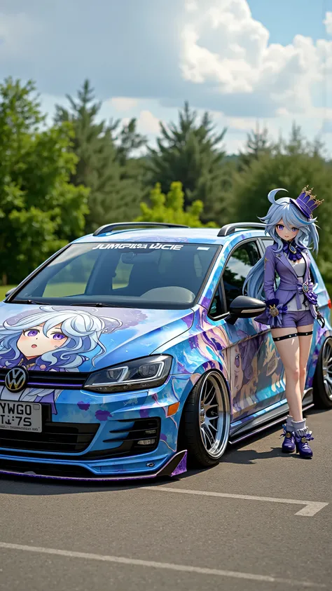 Volkswagen Touran L modification，wide body and negative wheel base wheels, painting an anime woman，Furina_Genshin，A girl cosplays Funina standing next to the car