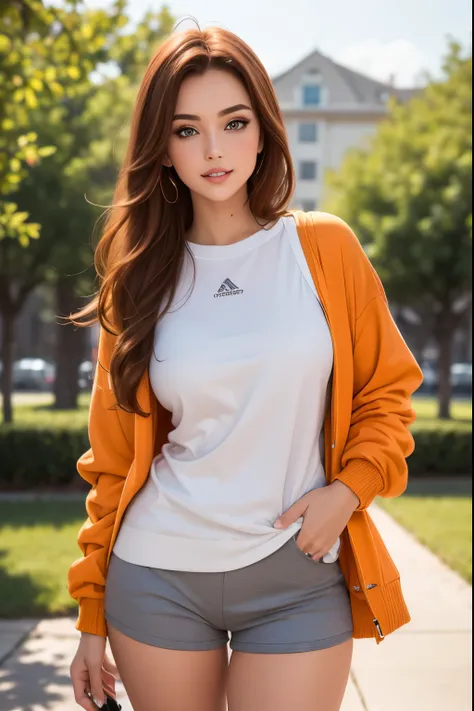 ((best quality photo)), ((masterpiece)), (Detailed), redhead girl, long hair, green eyes, orange lips, open sports sweatshirt, gray sports shorts,