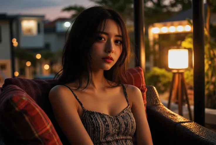 Relaxing in the outdoor couch at the veranda, Suburban locale, beautiful detailed houses in the background, Aesthetically pleasing sunset Early evening, lantern lit night, Photo from the side, candid photo, (suburban setting background seeing the streets a...