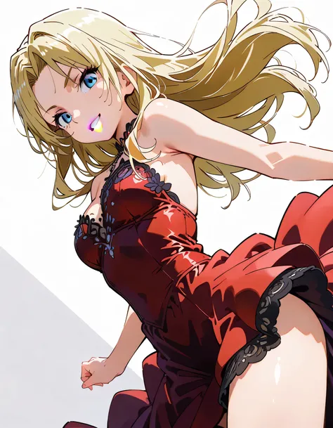 sideview,(dynamic angle,dynamic sexy pose),looking at viewer:1.3,solo,Vermouth,long hair,blonde hair,natural cosmetic,purple full lips,lipstick,blue eyes,red dress,nice legs,grin,soft lineart,(white color background)