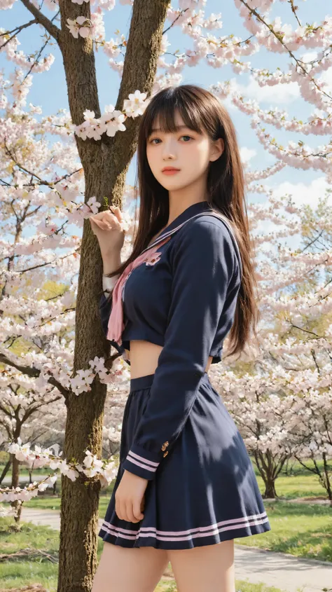 (full_body_shot:2), (side angle view:1.8), (8k, RAW photography:1.8), (masterpiece:1.8), (realistic:1.8), photorealistic:1.8), professional lighting, (highly detailed:1.7), (deliberate expression:1.5), (Standing quietly beside the trunk of a cherry tree), ...