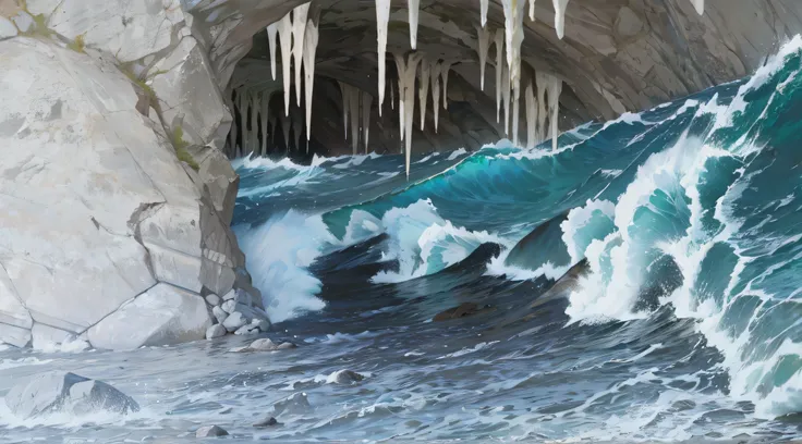 cave, rock, rough waves, don't draw people
