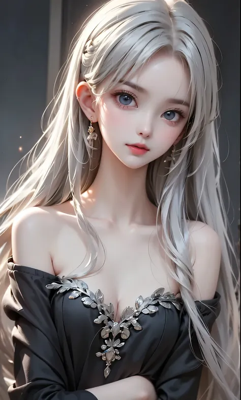 black and white color scheme, sexy girl ,immature , small,Silvery Curly Hair、sitting, upper body