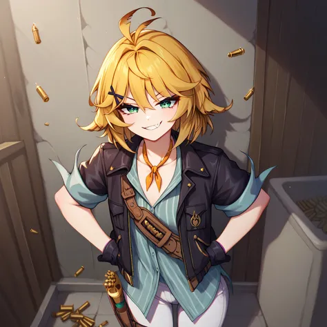 masterpiece, best quality, detailed eyes, detailed face, detailed skin, vivid eyes, score_9, score_8_up, score_7_up, full body shot, 1girl, solo, in recording studio, DokiBH, blonde hair, blue shirt, short hair, ahoge, (smug), x hair ornament, black jacket...