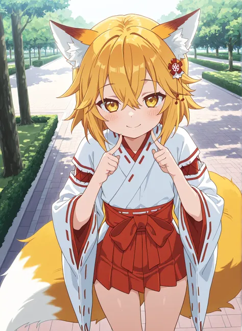 score_9, score_8_up, score_7_up, source_anime, masterpiece,best quality,amazing quality, senko, bangs, blonde hair, hair ornament, hair between eyes, yellow eyes, animal ear fluff, fox ears, fox girl,
long sleeves, tail, japanese clothes, wide sleeves, min...