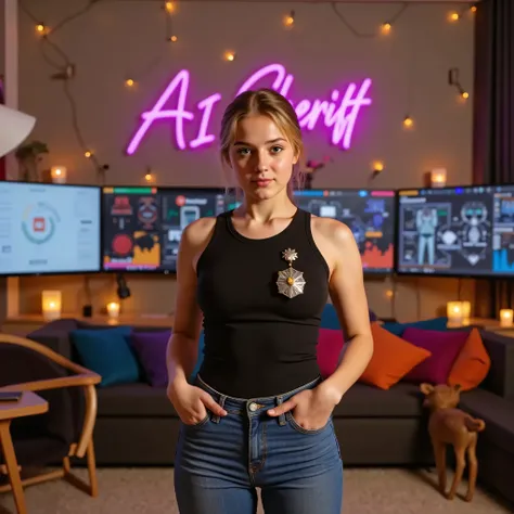 A futuristic female police officer stands confidently in the foreground, representing authority and intelligence. She wears a high-tech police uniform with cybernetic enhancements, a sleek badge, and an earpiece connected to an advanced AI system. Her expr...