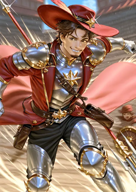A charming mature male rider wearing a chest plate with shoulder pads and silver gloves, covered on top with a red overcoat with gold details, Also using silver greaves, runs at high speed through the middle of a bustling street market. Your red wide-brimm...