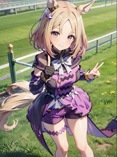 Narita Top Road \(Uma Musume\), 1 girl, Alone, cute girl,Best Quality, super detailed, anime style,8k, high definition, detailed face, smile, (purple shorts),((Competition)),目を閉じたsmile,peace sign,I'm dyeing my cheeks a little red, standing on the grass ,...