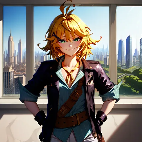 detailed, intricate details, FaceDetail, stunning, masterpiece, best quality, detailed eyes, vivid eyes, score_9, score_8_up, score_7_up, solo, 4partment indoors, window, scenery, cityscape, DokiBH, blonde hair, blue shirt, short hair, ahoge, smug, x hair ...