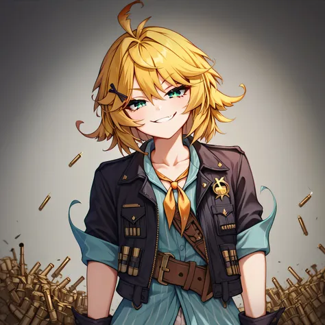 masterpiece, best quality, detailed eyes, detailed face, detailed skin, vivid eyes, score_9, score_8_up, score_7_up, full body shot, 1girl, solo, in recording studio, DokiBH, blonde hair, blue shirt, short hair, ahoge, (smug), x hair ornament, black jacket...
