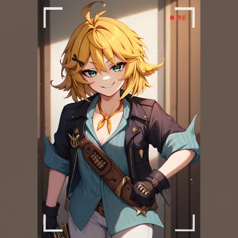 masterpiece, best quality, detailed eyes, detailed face, detailed skin, vivid eyes, score_9, score_8_up, score_7_up, full body shot, 1girl, solo, in recording studio, DokiBH, blonde hair, blue shirt, short hair, ahoge, (smug), x hair ornament, black jacket...