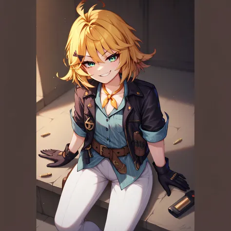 masterpiece, best quality, detailed eyes, detailed face, detailed skin, vivid eyes, score_9, score_8_up, score_7_up, full body shot, 1girl, solo, in recording studio, DokiBH, blonde hair, blue shirt, short hair, ahoge, (smug), x hair ornament, black jacket...