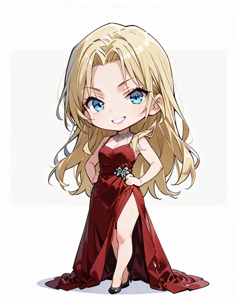 (chibi,fullbody),(dynamic standing pose),looking at viewer:1.3,solo,Vermouth,long hair,blonde hair,natural cosmetic,adult female face,purple full lips,pride,blue eyes,red dress,nice legs,grin,soft lineart,(white color background)