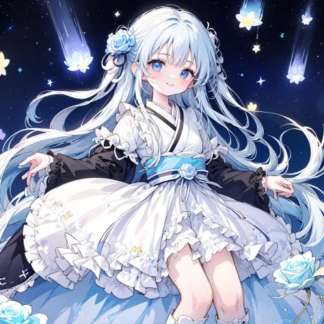 1girl , pretty face、Baby Face、(((best detail、top quality、greatest masterpiece、Super Detail、High Precision,perfect anatomy、slender figure)))、Starの妖精、My eyes are blue、milky white and blue two-tone inner color hair、 Unique Hairstyles、Starからインスピレーション、Milky ...