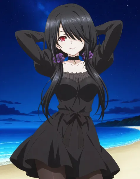 kurumi tokisaki, black hair, red eyes, long hair, hair over one eye, twintails, low twintails, mature female, medium breasts, anime screencap, long sleeves, dress, pantyhose, hair over one eye, black dress, black pantyhose, puffy sleeves, choker, collarbon...