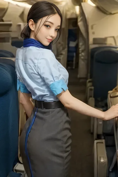 (masterpiece:1.2, top quality:1.2), 32kHDR, high image quality 。 perfect for loosely aligning your legs , (alone、 1 girl)、( daytime building rooftop 、 Professional Writing )、 Facing roof of building 、( wear a blue ANA flight attendant uniform 、 real...