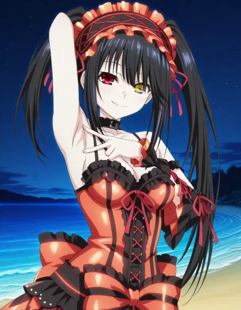kurumi tokisaki, black hair, red eyes, long hair, twintails, yellow eyes, heterochromia, mature female, medium breasts, anime screencap, hairband, dress, red dress, bare shoulders, collarbone, choker, bowtie, red bowtie, detached sleeves, corset, frills, c...