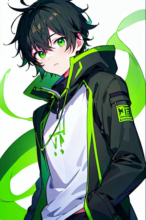 [(WHITE BACKGROUND:1.5),::5], (((masterpiece))), high quality, ultra_very_high_resolution, large_filesize, ((upper body)), (green base), full color, (solo), ((little younger boy)), ((men's black short hair)), green eyes, anime, neon light, black parka,