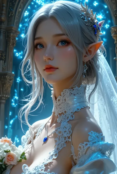 best quality , Super quality, 16k, Unbelievably Absurd, very detailed, lovely photo, delicate and dynamic, Kiri Reina female, seductive smile, pure white wedding dress , great style , bouquet, steampunk, DIESEL PUNK , clock punk , cyberpunk, G...