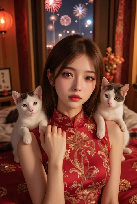 Cat ears、 face up, attractive, pretty girl, ponytail、 (( fine facial features , eroticism)), dramatic lighting , realistic , 8k, Dramatic Shadows , intricate and elaborate patterns , super detailed photo , chiaroscuro lighting , Pleasant colors , deep cont...
