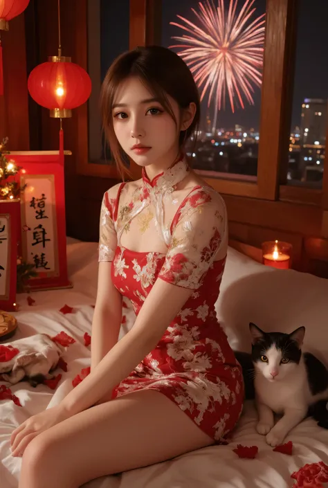 Cat ears、 face up, attractive, pretty girl, ponytail、 (( fine facial features , eroticism)), dramatic lighting , realistic , 8k, Dramatic Shadows , intricate and elaborate patterns , super detailed photo , chiaroscuro lighting , Pleasant colors , deep cont...