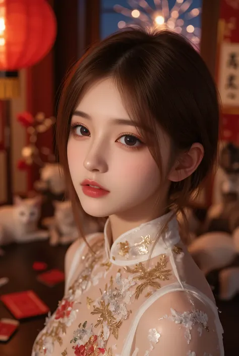 Cat ears、 face up, attractive, pretty girl, ponytail、 (( fine facial features , eroticism)), dramatic lighting , realistic , 8k, Dramatic Shadows , intricate and elaborate patterns , super detailed photo , chiaroscuro lighting , Pleasant colors , deep cont...