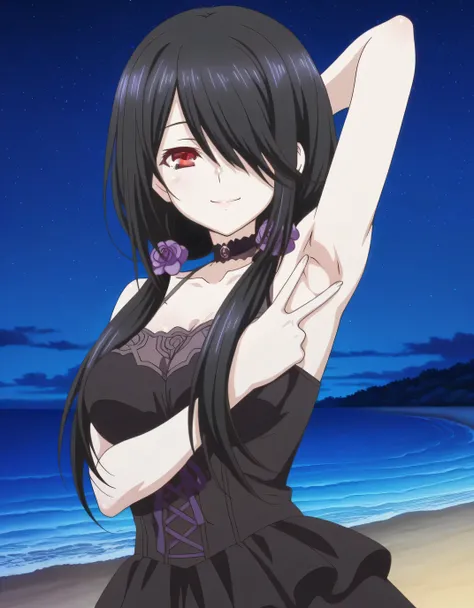kurumi tokisaki, black hair, red eyes, long hair, hair over one eye, twintails, low twintails, mature female, medium breasts, anime screencap, black dress, sleeveless, choker, collarbone, skirt, black skirt, flowers, hair flowers, purple flowers, twintails...
