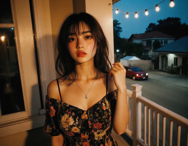 Ultra HD portrait, exquisitely beautiful and detailed Photorealistic portrait, Suburban setting Cubao Quezon City houses and shops in the background, Cubao area, red sidewalk, Enormous breasts , (aesthetically pleasing cinematic composition and dramatic l...