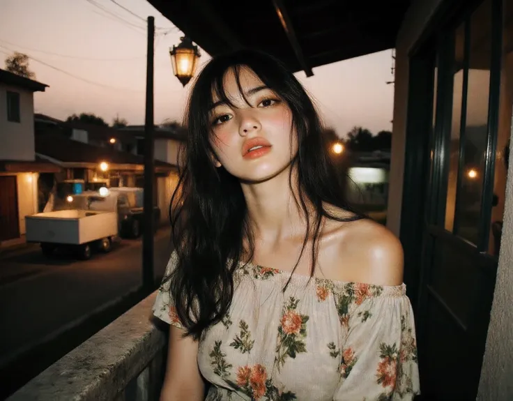 Ultra HD portrait, exquisitely beautiful and detailed Photorealistic portrait, Suburban setting Cubao Quezon City houses and shops in the background, Cubao area, red sidewalk, Enormous breasts , (aesthetically pleasing cinematic composition and dramatic l...