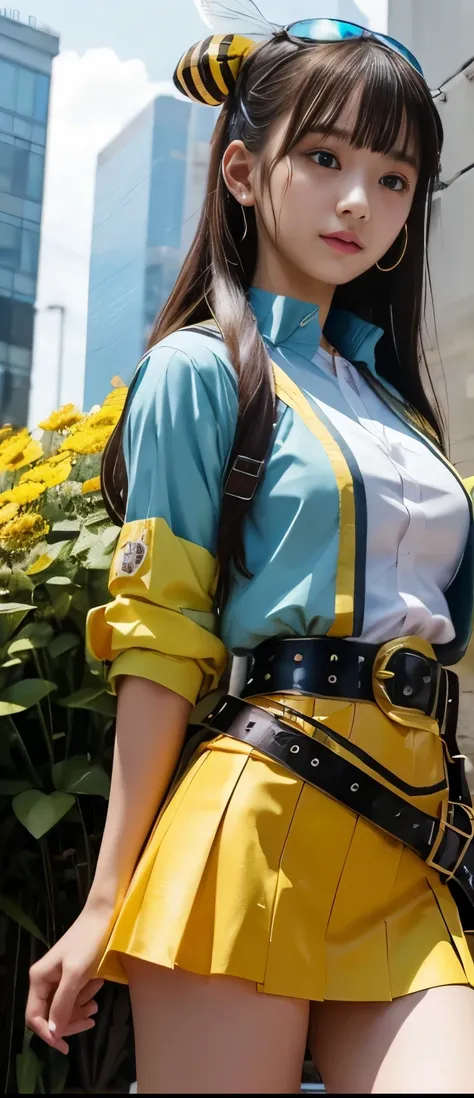 pure cyberpunk idol girl、A pure girl's face、 hypo、Bee-covered striped uniform、Beehive Belt、、Standing on a beehive that emits light