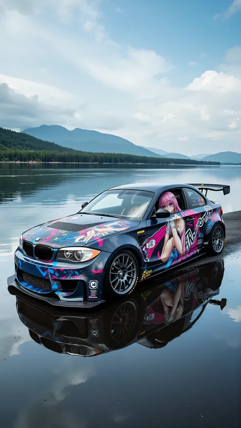 Red BMW 125i modification，wide body and negative wheel base wheels, painting an anime woman，A girl cosplays Funina while sitting in a car and driving，The car is driving by the lake