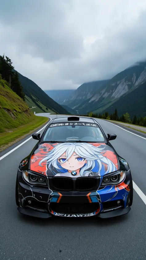 BMW 125i modification，wide body and negative wheel base wheels, painting an anime woman，Furina_Genshin，A girl cosplays Funina while sitting in a car and driving，The car is driving on a mountain road