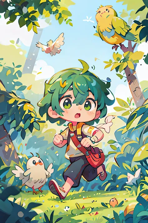Masterpiece, better quality, Cute, kawaii, (( Colorful )), 1 guy, green shiny hair, in the park,  small , bulging eyes, green eyes, eyes are shining,some birds, the birds are chirping,sun,running