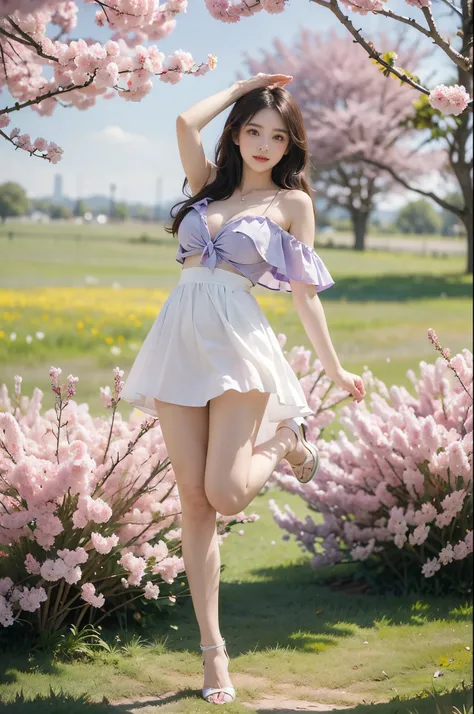 frlacape,frill capelet,lace capelet ,,(full body:1.3), A stunningly beautiful woman standing gracefully in a field of colorful wildflowers, (Cherry trees in full bloom, petals flying in the air), (elegant standing pose:1.2), (seductive leg pose:1.3), legs ...
