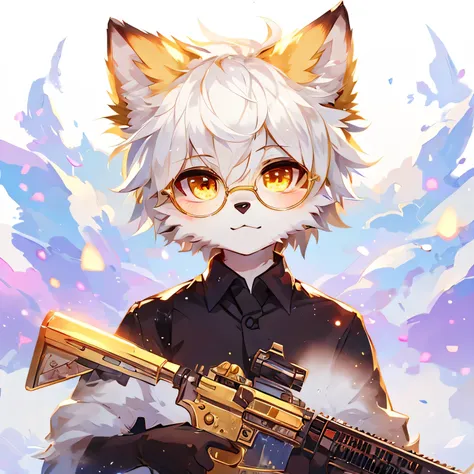 Anthropomorphic arctic fox, furry Chibi, White hair, round glasses are golden, shiny golden eyes, fox boy Young, anime cutie