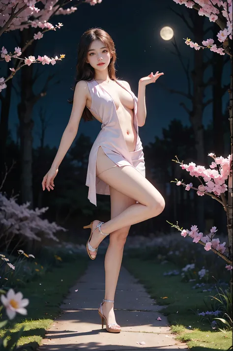 naked vest,open vest ,,(full body:1.3), (from below:1.2), A stunningly beautiful woman standing gracefully in a field of colorful wildflowers, (Night, moonlight, fireflies, blue plasma flames), (Cherry trees in full bloom, petals flying in the air), (elega...