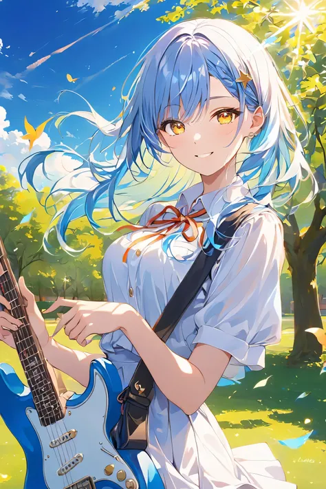 A 16-year-old girl, (Her hair is a mesh color of white and blue, beautifully interwoven:1.2). (Her hair has a white base;1.5) with streaks of (((blue highlights here and there))) flowing through it. The blue lines create a natural gradation, reflecting the...
