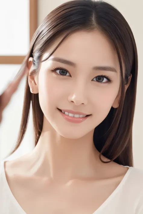 Very accurate image of person, pose drawn with meticulous attention to detail, view through mirror, looking in mirror, looking at camera with confident expression, casual clothes, white shirt, background is sink, stylish space (front facing, front view, bu...