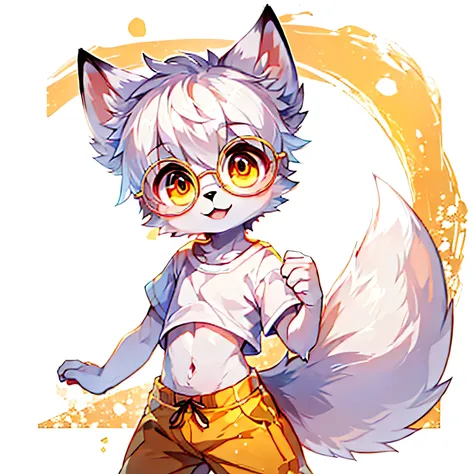 Anthropomorphic arctic fox, furry Chibi, White hair, round glasses are golden, shiny golden eyes, fox boy Young,, anime cutie