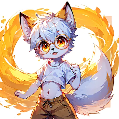 Anthropomorphic arctic fox, furry Chibi, White hair, round glasses are golden, shiny golden eyes, fox boy Young,, anime cutie