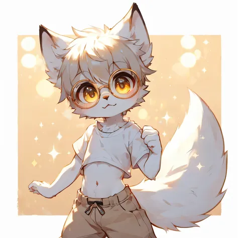 Anthropomorphic arctic fox, furry Chibi, White hair, round glasses are golden, shiny golden eyes, fox boy Young,, anime cutie