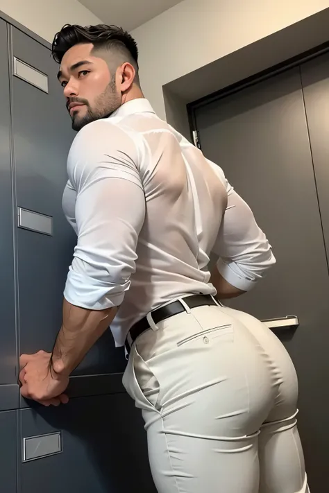 40-year-old boy Japanese muscular male in transparent white formal shirt......... short haired, bearded, wearing ligg shiny grey trouser ...........gooning seductive expression.................... dripping on body and pants...................., arching bac...